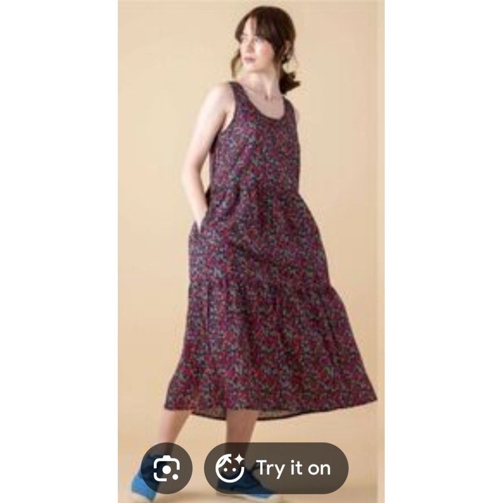 Gudrun Sjoden Midi Dress Organic Cotton Floral Sleeveless Black Pink Medium Tier